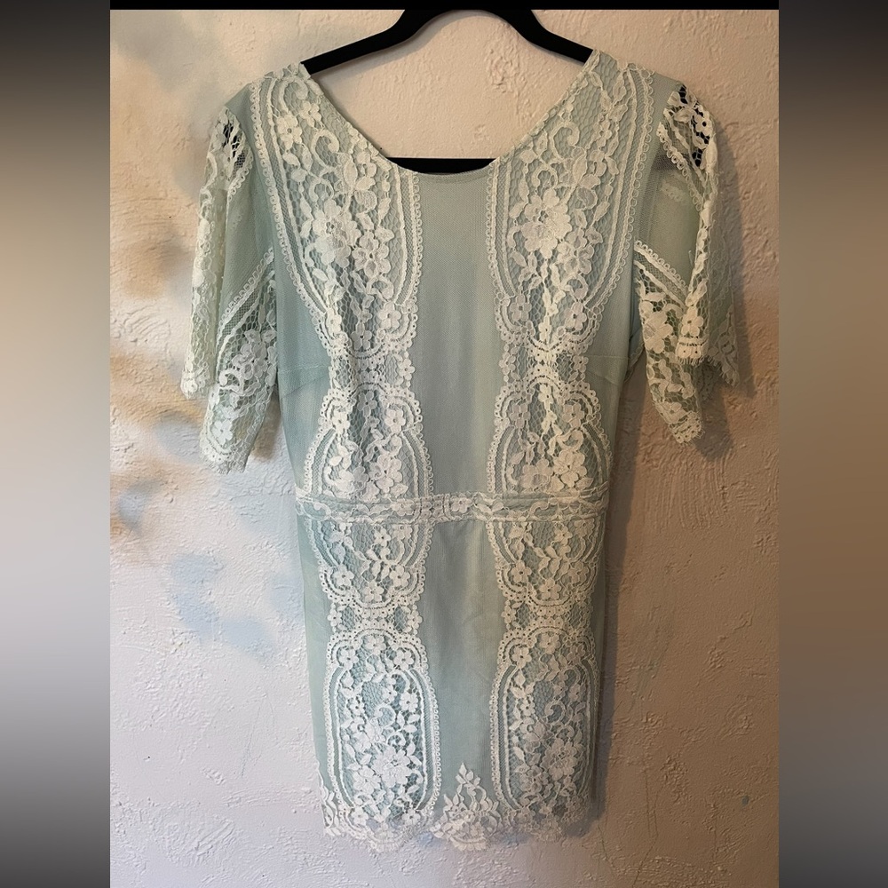 For Love Of Lemons Elegant Lace Overlay Dress in Mint Green